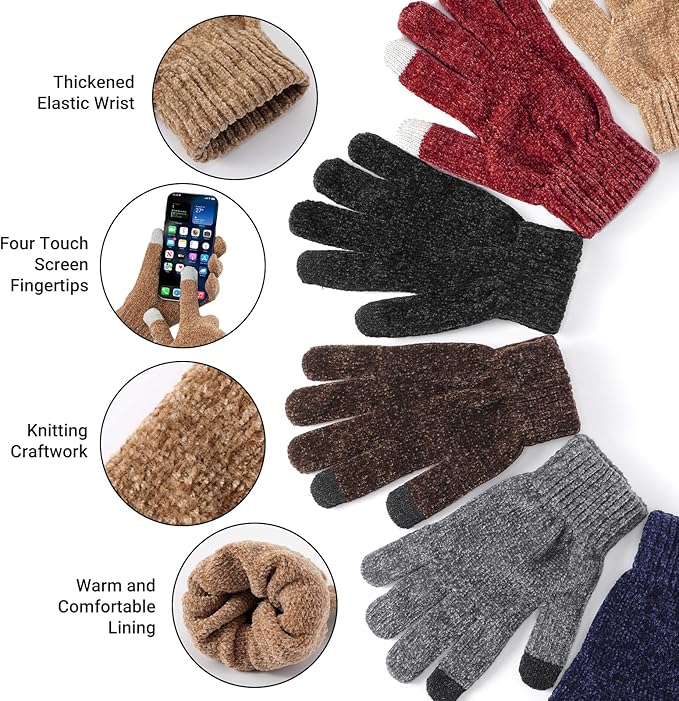 Winter Beanie Hat Circle Scarf Gloves Set for Men Women, Thick Warm Chenille Skull Cap Touchscreen Gloves Neck Warmer