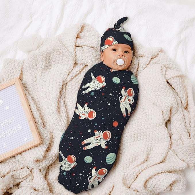 Newborn Swaddle Blankets and Hat Set Soft Cotton Baby Swaddle Wrap Warm Infant Receiving Blanket Space-10