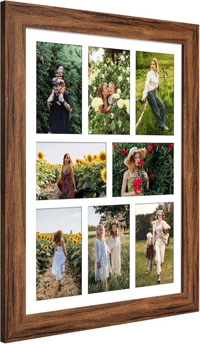 13x17 Picture Frame Display 8 opening 4X6 Picture Frame Collage,Multi Photo Frame with Mat,Plexiglass,Wall or Tabletop Decor,Carbonized Brown Wood Grain