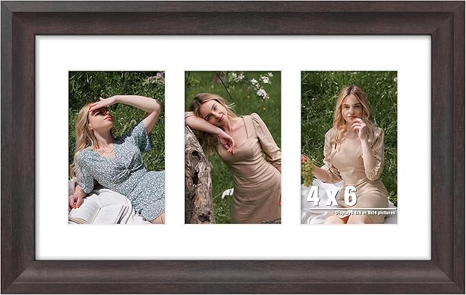 8x14 Picture Frame 4x6 Collage Picture Frame Displays Three 4x6 inch Photos or 8x14 (Without Mat) Wall Decor or Tabletop Walnut