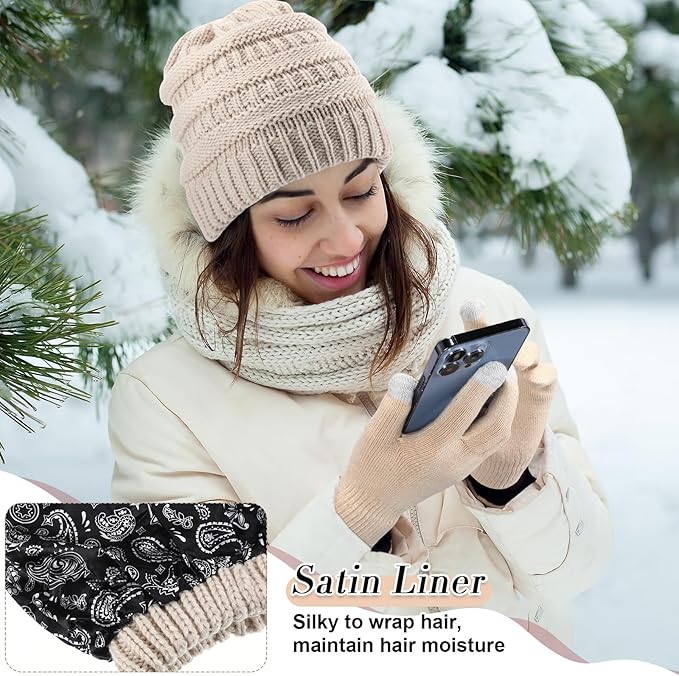 SATINIOR 5 Pcs Winter Satin Lined Hat Scarf Gloves Set Knit Pompom Beanie Warm Touchscreen Glove Earmuff Ear Warmer for Women
