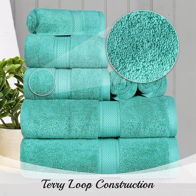 BLUENILEMILLS Madison Egyptian Cotton Towels, Towel Set for Bathroom, Shower, Hotel, Plush, 900 GSM, Highly Absorbent and Ultra-Soft Towels, Bath Essentials, 8 Piece Assorted Towel Set, Turquoise