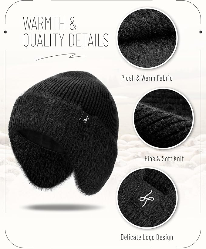 Winter Fleece-Lined Beanie with Earflaps, Warm Windproof Unisex Beanie Hat for Skiing, Hiking & Outdoor Winter Sports