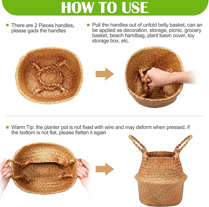Qunclay 4 Pcs Woven Seagrass Baskets Belly Basket Folding Boho Natural Plant Pot with Handles Round Decorative Wicker Large Indoor Planter for Home Outdoor Tree Planters Decor (7.87 x 8.66 Inch)