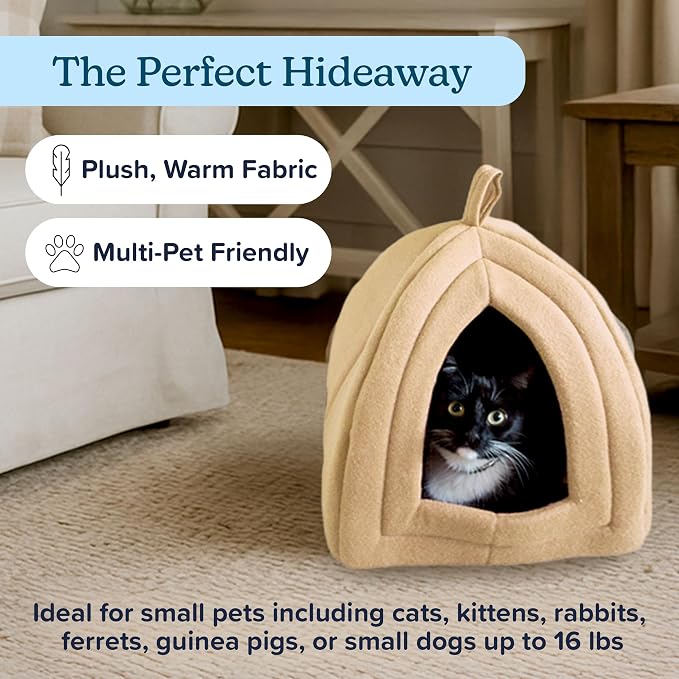 Cat House - Indoor Bed with Removable Foam Cushion - Pet Tent for Puppies, Rabbits, Guinea Pigs, Hedgehogs, and Other Small Animals by PETMAKER (Tan) | Plush Cat Tent Bed for Small Kittens, Rabbits, Guinea Pigs, and Other Small Animals, Comfortable Coz...