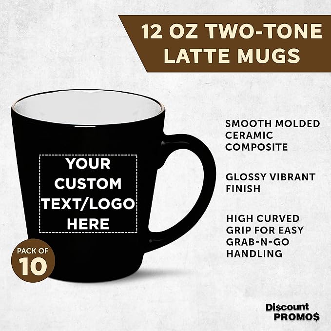 Custom Ceramic Coffee Latte Mugs 12 oz. Set of 10, Personalized Bulk Pack - Perfect for Coffee, Tea, Espresso, Hot Cocoa, Other Beverages - White
