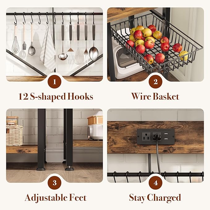 GRUSIGN Kitchen Bakers Rack with Storage, 6-Tier Coffee Bar Station with Power Outlet, Microwave Stand with 12 S-Shaped Hooks, Open Kitchen Storage Shelves for Spices, Pots and Pans, Rustic Brown