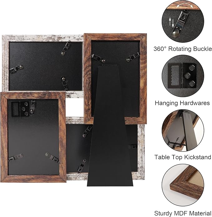 4x6 Collage Picture Frames, Multi Family Photo Frame with Real Glass, Displays Four 4x6 Photo, Wall Decor Wall Hanging or Tabletop, Distressed White+Rustic Brown