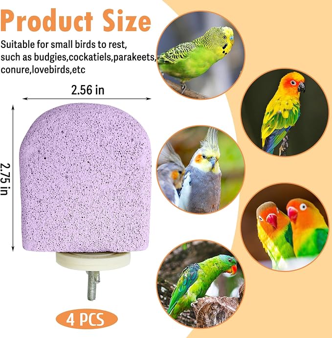 PINVNBY 4 PCS Bird Perch Stands Parrot Calcium Perch Beak Grinding Stone Foot Claws Trimmer Parakeet Platform Parrot Chewing Toys for Small Medium Cockatiel Conure Lovebird Finch(Pink)