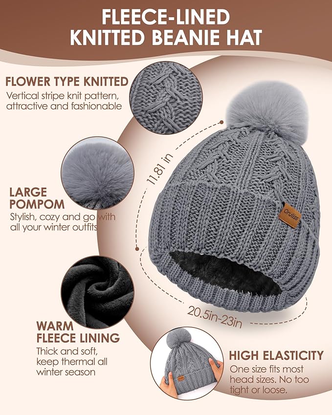 Womens Winter Beanie Hat Scarf Gloves Set, Fleece Lined Knitted Hat with Pompom Long Scarf Touchscreen Mittens for Women Men