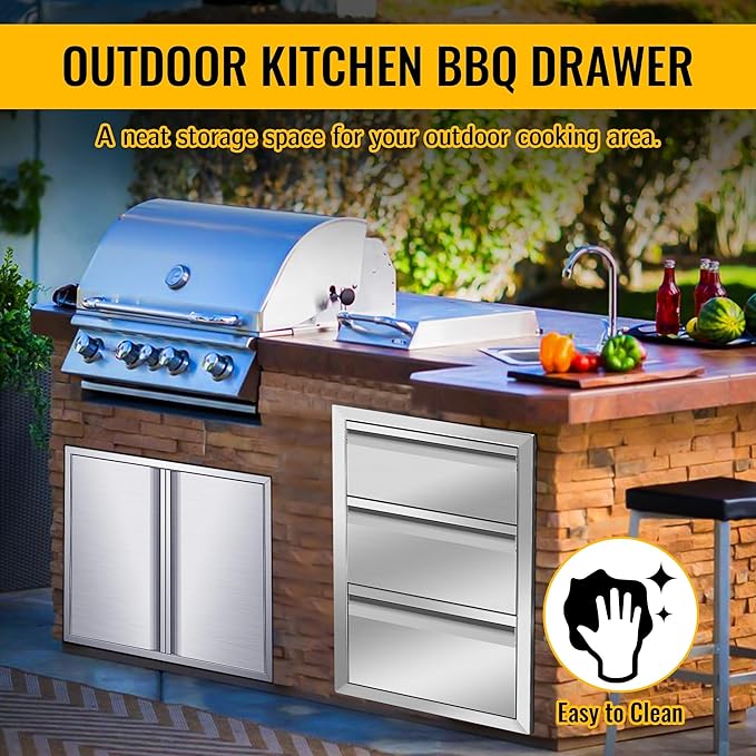 Outdoor Kitchen Drawers Stainless Steel 16W X 21H X 23D Inch, Flush Mount Triple BBQ Island Drawers with Hidden Handle for Outdoor Kitchens, Patio or Grill Station