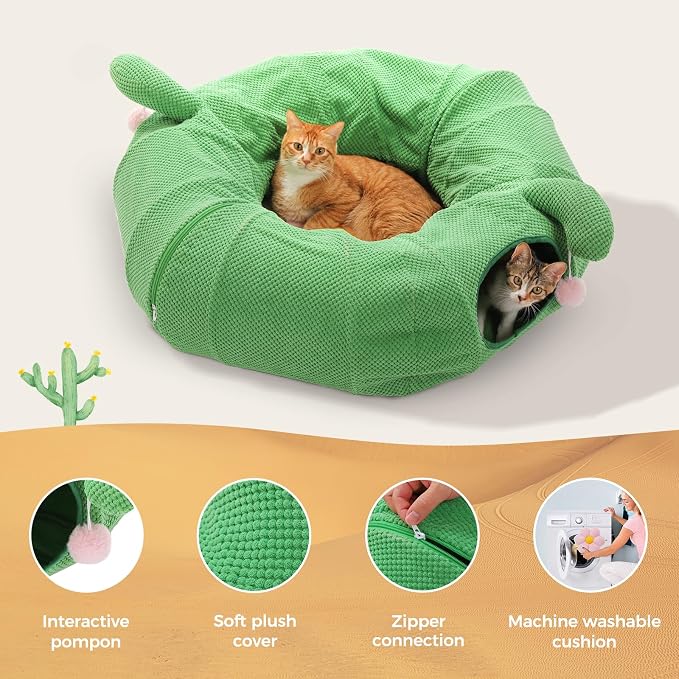 PEQULTI Flower Donut Cat Tunnel Bed Washable Plush Mat Multi for Small Pets | Round play tube with soft detachable plush mat, multi-pet toy fit indoor cats, kittens, puppies, rabbits and ferrets