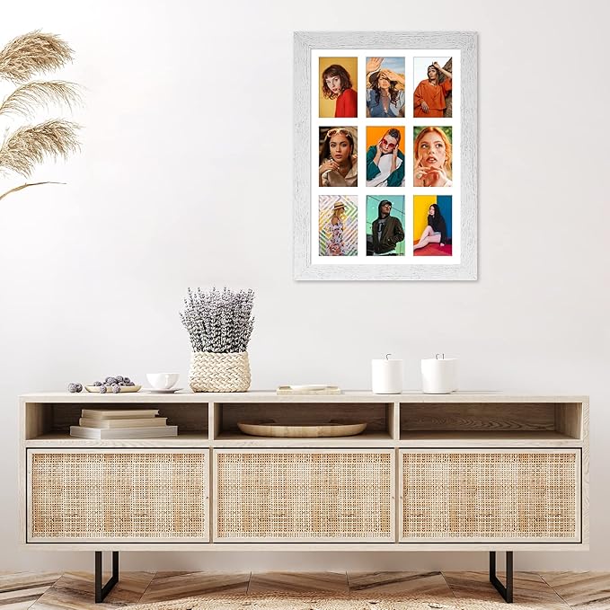13.5x19.5 Picture Frame Display 9 opening 4X6 Picture Frame Collage,Multi Photo Frame with Mat,Plexiglass,Wall or Tabletop Decor,Distressed White Wood Grain