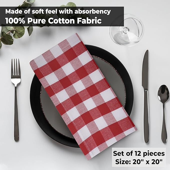 Urban Villa Cloth Napkins 100% Cotton Dinner Napkins Highly Absorbent 20x20 Inches (Set of 12) Red White Buffalo Checks Reusable Washable Soft Durable Premium Napkins Ideal for Home Wedding Parties