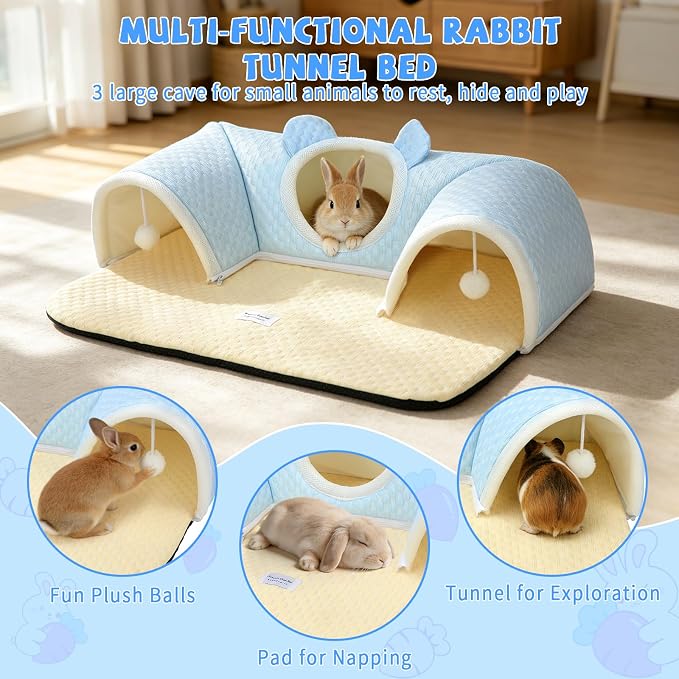 YUEPET 3-Way Bunny Tunnel Bed, Rabbit Play Tunnel for Medium Small Bunnies | Rabbit Tunnels for Indoor Bunnies, Removable Washable Cover, Anti-Slip Bottom, 29.5 x 21.7 in, For Guinea Pigs, Blue
