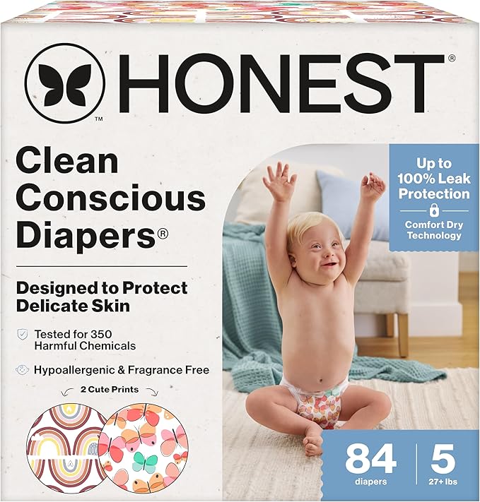 The Honest Company Clean Conscious Diapers for Sensitive Skin Up to 100% Leakproof Hypoallergenic Fragrance-Free Baby Girl Prints Super Club Box Size 5 (27 lbs) 84 Count (Prints