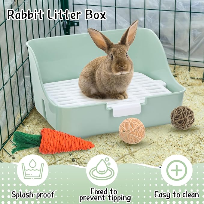 Reallnaive 15 Pcs Rabbit Starter Kit Small Rabbit Litter Box Girls Gift Animal Grooming Kit Bunny Toys Bowl Blankets with Cleaning Set for Guinea Pig Accessories(Green)