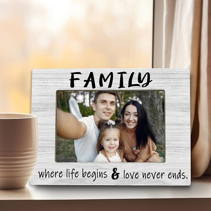 Family 4x6 Picture Frame, Family Reunion Gifts Photo Frame, Where Life Begins Love Never Ends Wooden Picture Frames for Wall or Tabletop Display