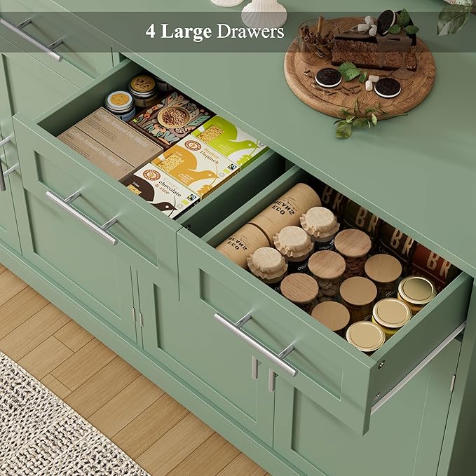 HOSTACK 60" Large Buffet Sideboard with Storage, 36" Tall Kitchen Buffet Storage Cabinet with 4 Drawers, Modern Coffee Bar Cabinet with Gold Handles, Long Sideboard Buffet Table for Kichen, Green