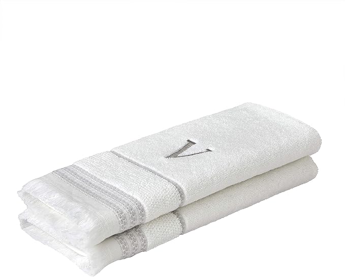 SKL Home Casual Monogram Hand Towel Set, V, 16x26, White 2 Count