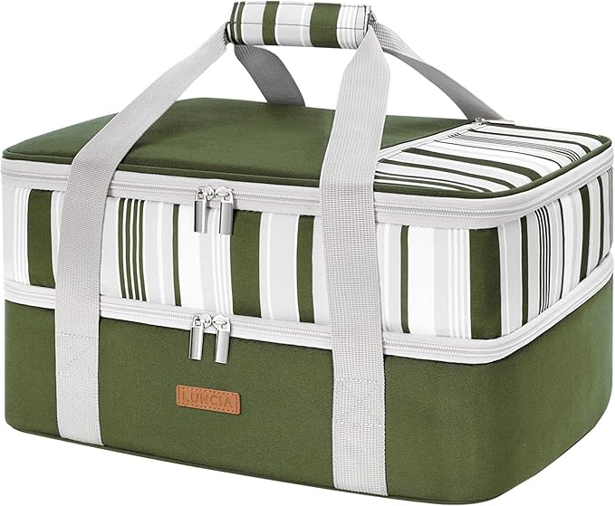 LUNCIA Insulated Double Decker Casserole Carrier, Lasagna Lugger Tote Keeps Food Hot or Cold, Thermal Lunch Bag for Potluck Parties, Picnic and Cookouts, Fits 9" x 13" Baking Dish, Dark Green