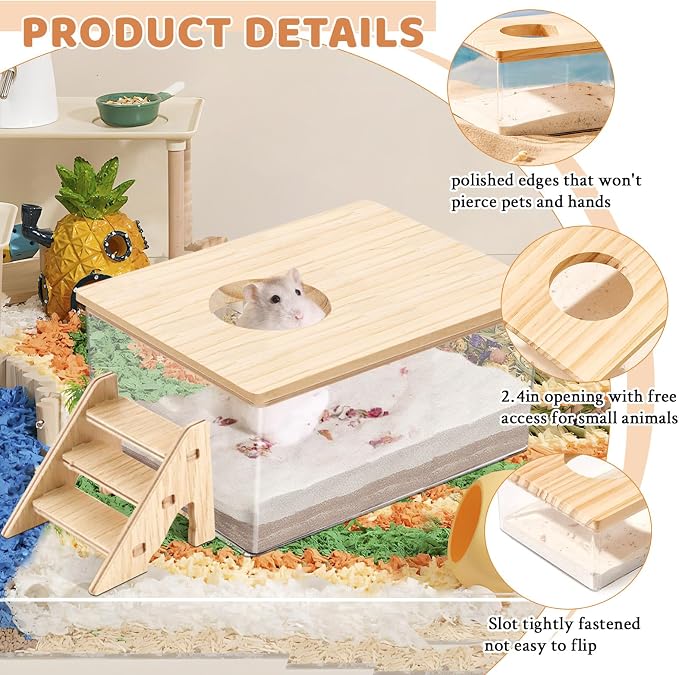 Hamster Sand Bath, Pentagon Hamster Sand Bath Container with Climbing Ladder, Large Acrylic Hamster Dig Box with Wood Cover, Sand Bath for Hamsters Small Animals (Rectangle)