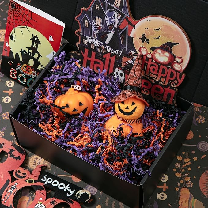 Mefleet 1/2 LB Halloween Crinkle Cut Paper Shred Filler 8 oz Orange & Purple & Black Crinkle Shredded Paper for Boo Basket - Gift Box Bag Filler - Grass Cushion Stuffing for Halloween Wrapping