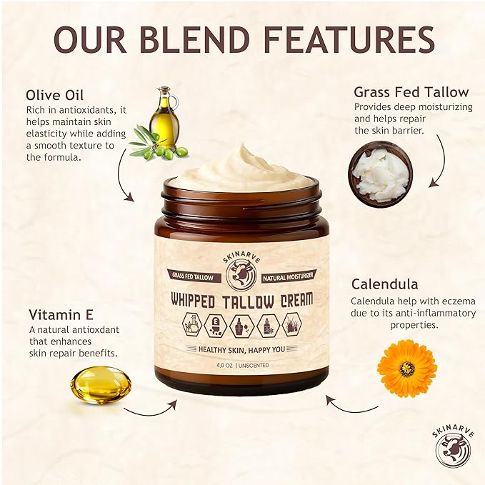 Beef Tallow for Skin 4oz Unscented, Organic Whipped beef Tallow and Honey Balm, 100% Grass Fed Beef Tallow Face Moisturizer For Dry Skin, Lip balm, Eczema Natural Tallow Moisturizer (Cream, Cream)