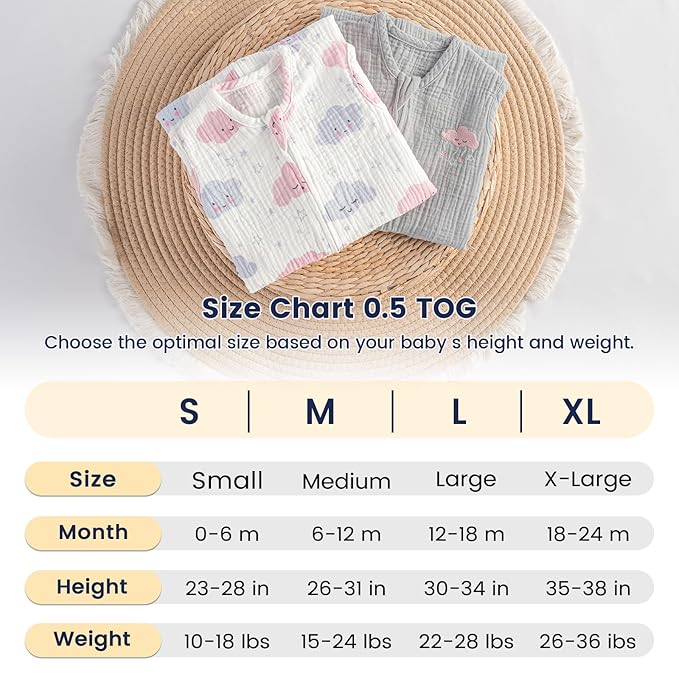 PHF 100% Muslin Cotton Baby Sleep Sack, 6-12 Months Baby Wearable Blanket with 2-Way Zipper, 2 Pack Soft Breathable Cooling 0.5 TOG Medium Size Sleeveless Sleeping Bag for Boys/Girls, Clouds