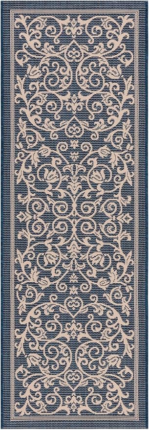 SAFAVIEH Courtyard Collection 2'3' x 14' Navy/Beige CY2098 Scroll Indoor/ Outdoor Patio Backyard Mudroom Runner Rug