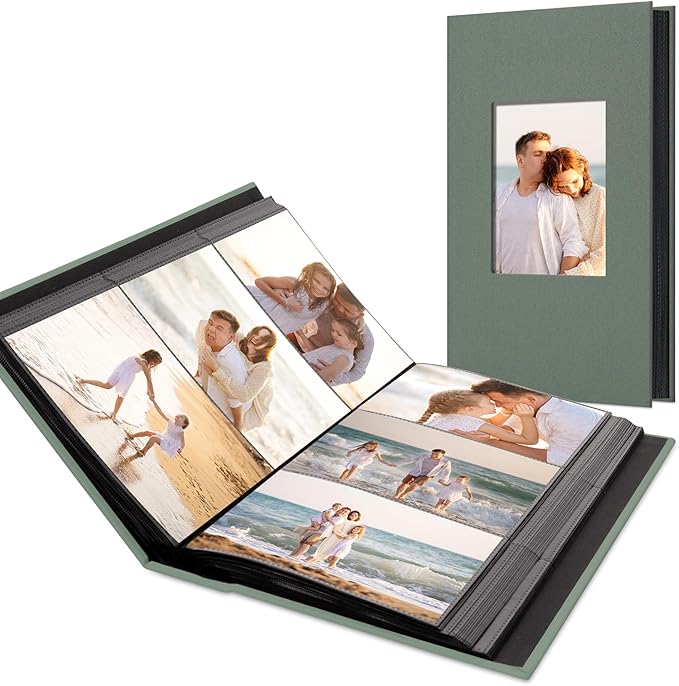 Photo Album Holds 300 Pockets with Linen Cover and Customizable Window, Fits 4x6 Photos, Archival Black Pages, Gray Green