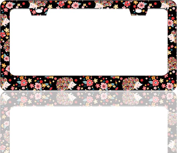 Cute Hedgehog Flowers License Plate Frame Stainless Steel 6.3 X 12.2 Inch | Fits US Standard With Screws Rust Resistant For Car Front Rear Decoration Accessories Easy Installation For Cars SUV Truck