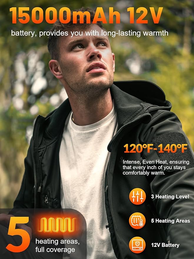 ANTARCTICA GEAR Men's Heated Jacket with 12V 15000mAh Battery, Water-Resistant Winter Softshell Hooded Coat