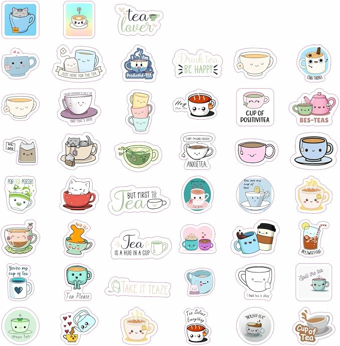 Cute Tea Cup Stickers, Tea Stickers for Water Bottle and Laptop - Tea Cup Party Supplies & Decorations, Waterproof Vinyl Drink Decals, Gifts for Women & Men