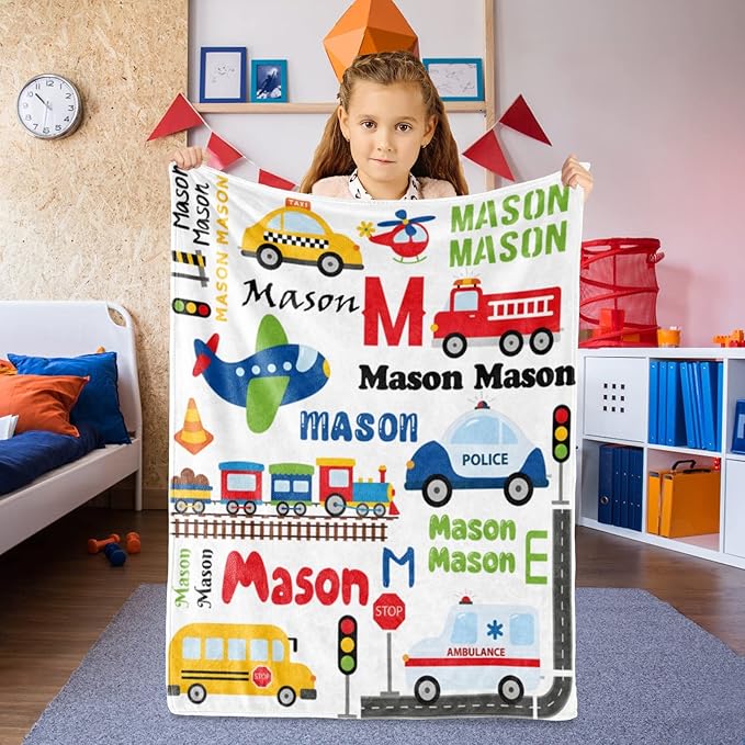 Personalized Blanket with Name for Boys, Traffic Car Transport Custom Name Blanket, Soft Flannel Toddler Blankets Customized Gift for Newborn Baby Shower Birthday-30 x40