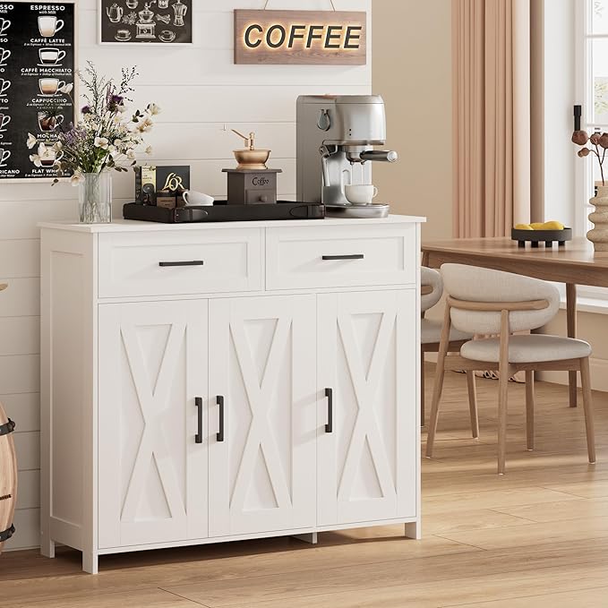 Homhedy Sideboard Buffet Cabinet, Coffee Bar Storage Cabinet with Drawers and Doors, Farmhouse Kitchen Cabinet with Adjustable Shelves, for Kitchen, Dining Room, Living Room, White