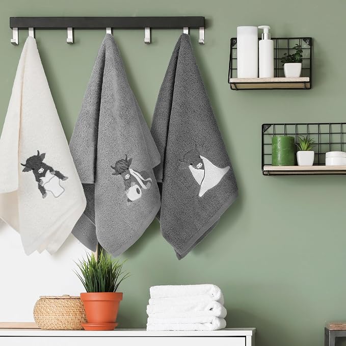 3 Pcs Highland Cow Hand Towels Bathroom Decor Highland Cow | White and Gray Decorative Embroidered 100% Cotton Farmhouse Towels for Bathroom Kitchen Decor, 13. 3 x 29. 5''