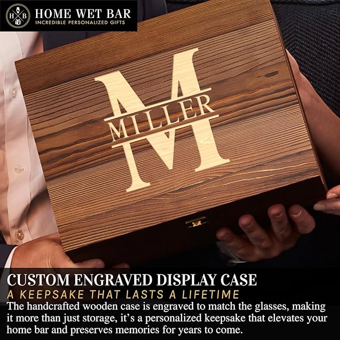 Personalized Whiskey Glasses – Custom Engraved Twist Whiskey Glass Set of 4 & Display Case with Whisky Stones by Home Wet Bar