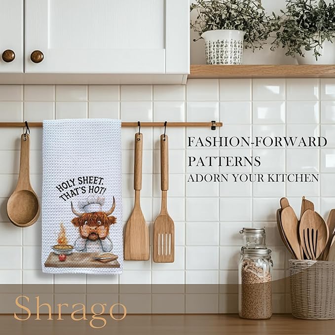 Funny Chef Highland Cow Kitchen Towels, Highland Cow Gifts for Women Men Dish Tea Towels, Humorous Holy Sheet That's Hot Decorative Hand Towel, 16x24 Inch