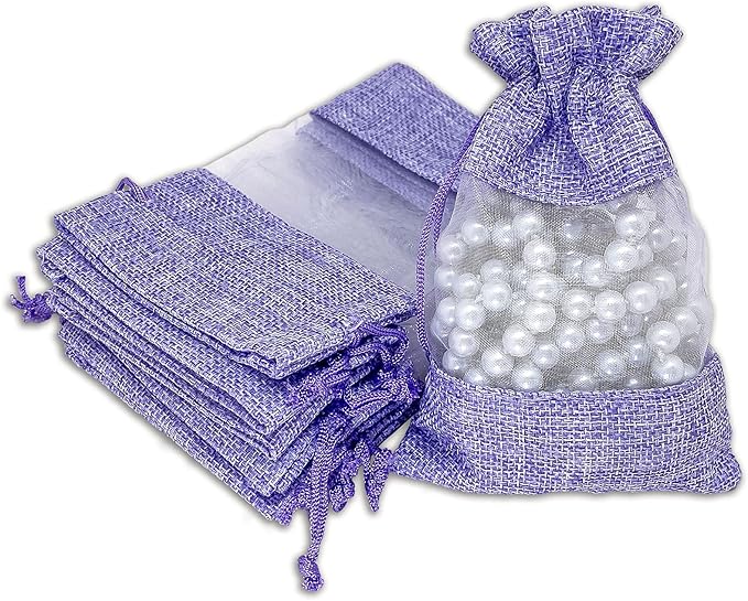 48-Pack Small Linen Burlap & Organza Gift Bags w. Drawstrings (3.5x5.5 in, Lavender) - Party Favors, Presents, Samples & Treats Mesh Pouch by The Display Guys