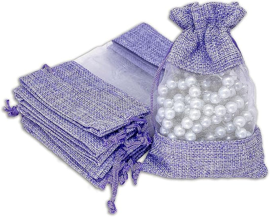12-Pack Small Linen Burlap & Organza Gift Bags w. Drawstrings (3.5x5.5 in, Lavender) - Party Favors, Presents, Samples & Treats Mesh Pouch by The Display Guys