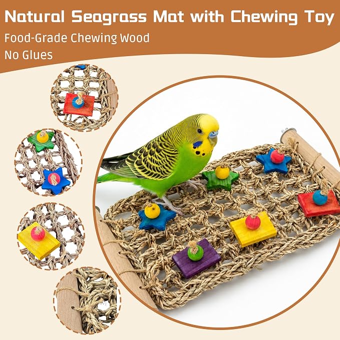 FlidRunest Conure Ladder Perch with Colorful Wood Chew Block | Natural Parrot Seagrass Foraging Mat, Bridge Stands Climbing Hammock Chewing Activity Toy for Parakeets, Lovebird