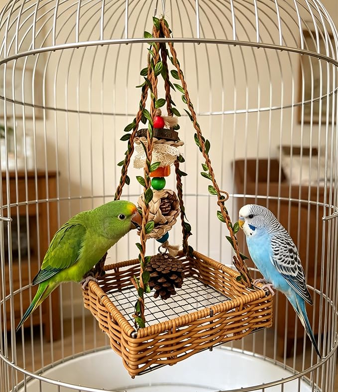Bird Toys, Natural Parrot Chew Toy with Hanging Foraging Basket Hammock, Bird Shredding Foraging Toys for Parakeet Cockatiel Conure Cage Accessories