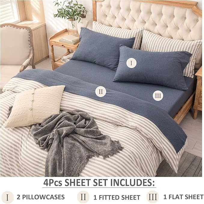 PURE ERA Jersey Knit 4pc Bed Sheet Set 100% T-Shirt Heather Cotton Super Soft Comfy Breathable Fits Mattress Up to 20" Extra Deep Pocket (Heather Navy Blue, King)