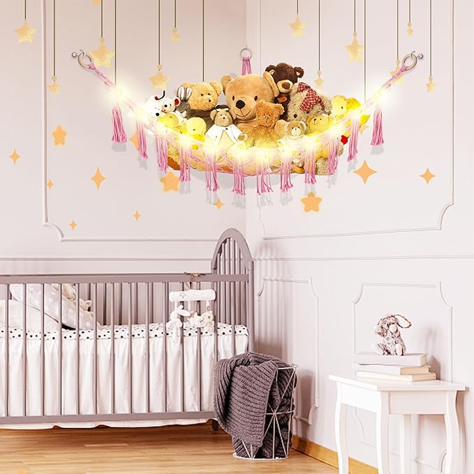 CERETIA Stuffed Animal Hammock with LED Light, Large Stuffed Animals Storage Corner Plushie Net for Kids Room Decor, Pink