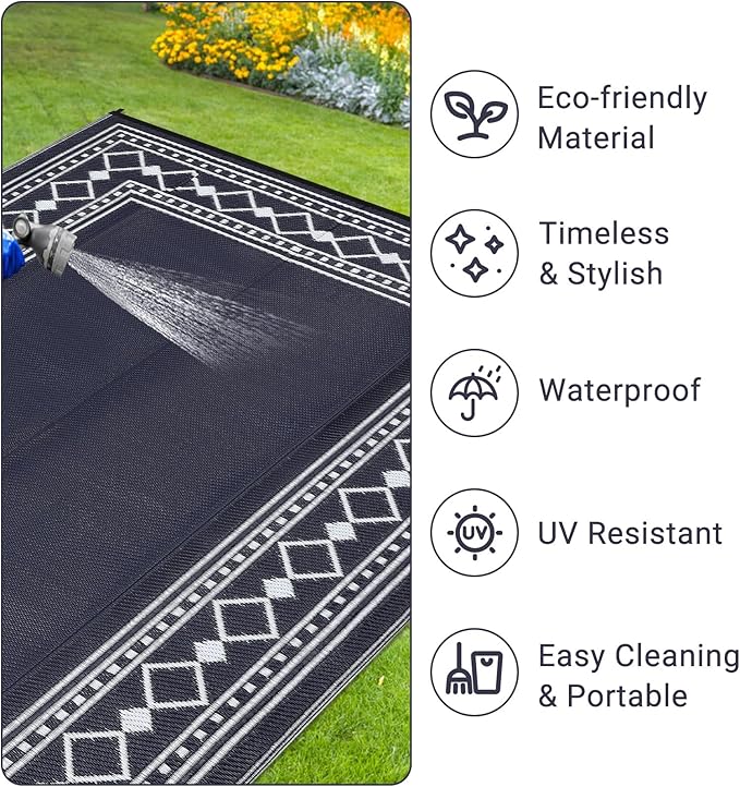 9x18 Large Outdoor Rug,Modern Bordered Plastic Straw Carpet,Waterproof Lightweight Outdoor Carpet,Easy Cleaning Folding Uv Resistant Picnic Camping Mat,Black and Blue/White