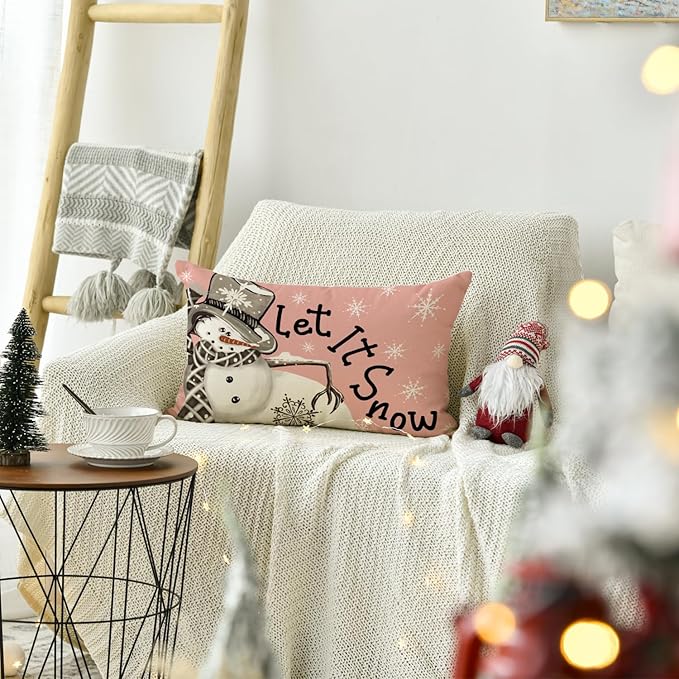 AVOIN colorlife Christmas Winter Snowman I Smell Snow Throw Pillow Cover, 12 x 20 Inch Winter Holiday Pink Cushion Case Decoration for Sofa Couch