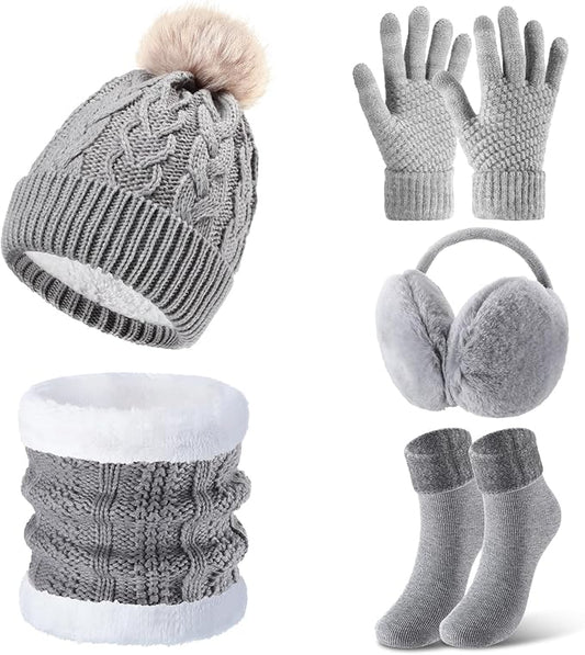 SATINIOR 5 Pcs Winter Hat Scarf Gloves Set Fleece Warm Lined Knit Beanie Hat Touch Screen Earmuff Gloves Warmer for Women(Gray,Vivid Style)