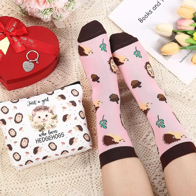 Talltalk 6 Pcs Hedgehog Gifts for Women Hedgehog Lover Gift Set, Socks Canvas Bag Makeup Bag Spiral Notebook Ballpoint Pen and Stainless Steel Keychain for Christmas Birthday Graduation Thanksgiving