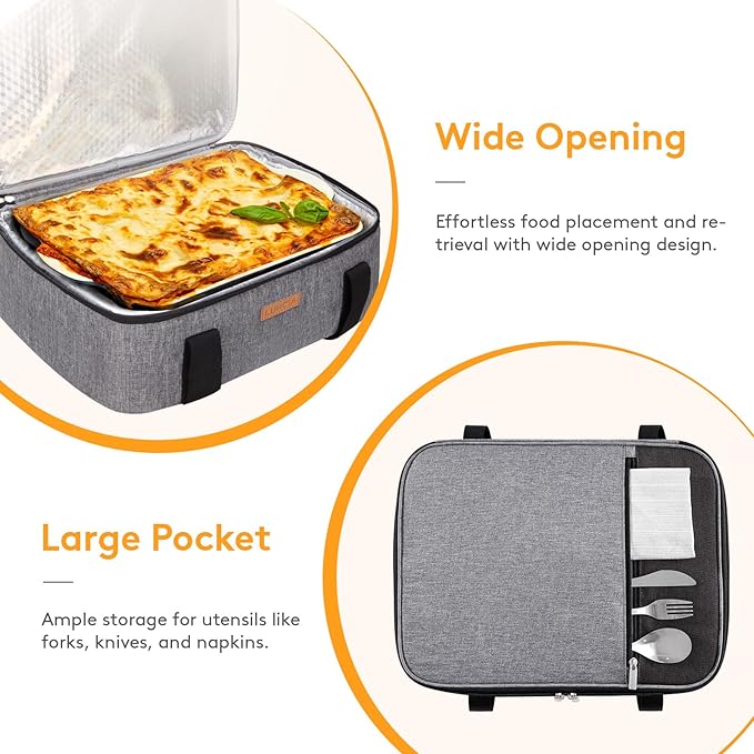 LUNCIA Insulated Single Decker Casserole Carrier, Lasagna Lugger Tote Keeps Food Hot or Cold, Thermal Lunch Bag for Potluck Parties, Picnic and Cookouts, Fits 8"x11" Baking Dish, Grey